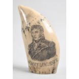 A Reproduction Resin Scrimshaw Whales Tooth, Decorated with The Chesapeake and James Lawrence, 12cms