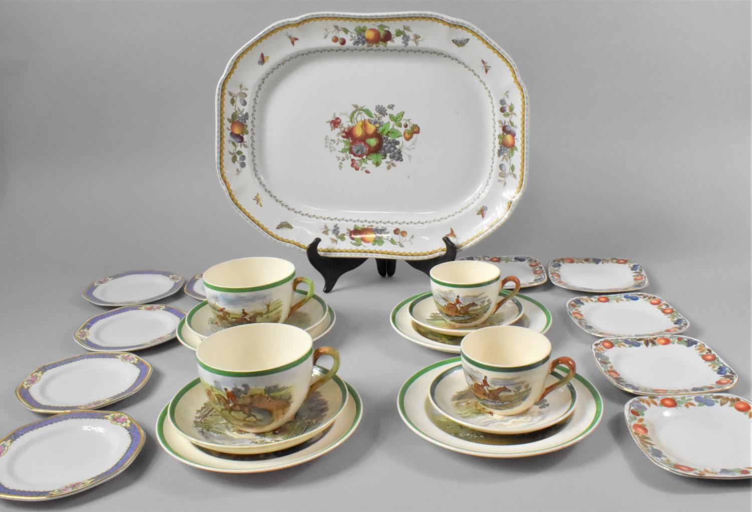 A Collection of Copeland Spode Hunting Teacups Saucers and Side Plates, Leaping the Brook, Full Cry,