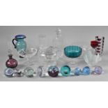 A Collection of Coloured and Plane Glassware to include Handkerchief Case, Paperweights, Fruit