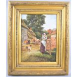 A Gilt Framed Oil on Board Depicting Milk Maid on Farmyard Gate, 29x39cms