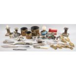 A Tray of Sundries to include Brass Coat Hooks, Silver Plated Candle Stick, Oil Lamp, Brass