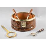 An Edwardian Silver Plate Mounted Oak Bowl with Matching Salad Servers, A Silver Plate Bladed