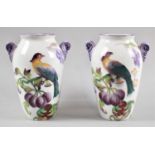 Pair of Crown Pottery Decorated Two Handled Vases with Birds and Flowers, Lorrettoware Each 14cms