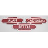Three Small Reproduction Railway Signs Signs for Cadishead, Irlam and Settle, Each 37cms Long