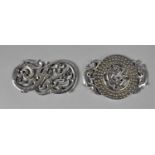 Two Chinese White Metal Archaic Style Plaques decorated with Dragons, 11cms Long