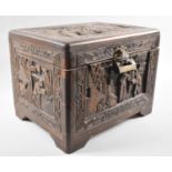 A Deeply Carved Chinese Camphor Wood Box, Brass Hasp with Padlock (Locked) 32x25x25cms High