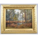 A Gilt Framed Oil on Board Depicting Woodland Pond Signed F Guldeh Short, 1991, 37x27cms