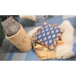 A Small Collection of Wicker Baskets and Waste Bin, Scatter Cushion, Sheepskin Rug and Two Small