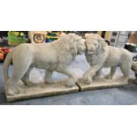 A Pair of Reconstituted Garden Figures, Lions with Paw Raised on Globe, Each 70cms Long