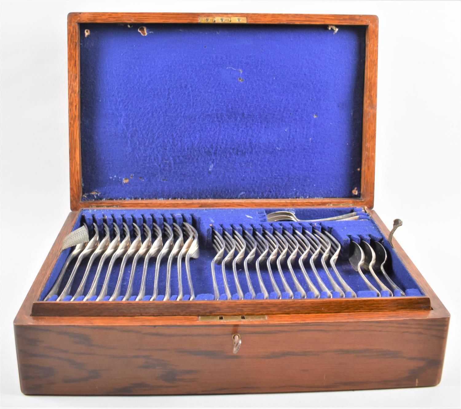 An Edwardian Oak Cased Canteen of Dixon Silver Plated Forks and Spoons Only, with Key, 42cms by - Image 2 of 4