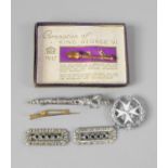 A Collection of Vintage Enamelled and Jewelled Brooches, George V Miniature Coronation Spoon Etc