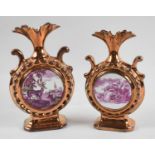 Two Copper Lustre Two Handled Vases Decorated with Clock Face, Deer Etc, Both with Condition Issues