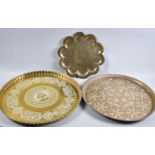 A Mixed Metal Indian Circular Wall Hanging, Engraved Benares Top Tray and an Engraved Brass