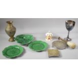 A Tray of Sundries to include Wegdwood Cabbage Leaf Plates, Indian Brass Vase with Engraved