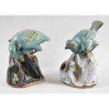 Two Continental Majolica Glazed Studies of Birds Hunting on Rocks, 16.5cms High