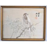 A Framed Oriental Silk Embroidery Depicting Hawk on Branch, Signed, Some Water Staining to Top,