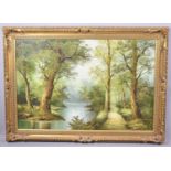 Gilt Framed Oil on Canvas Depicting Woodland River Signed I.Capieri, 90x60cms