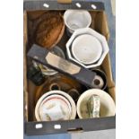 A Box of Sundries to Include Ceramic Planters, Glass Plates, Mantel Clock, Eye Glasses Etc