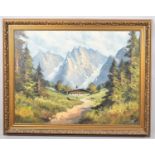 A Large Gilt Framed Oil on Canvas depicting Alpine Scene with Chalet, 78x59cms