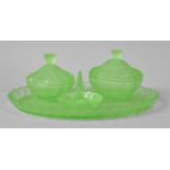 A Mid 20th Century Green Glass Part Dressing Table Set to Comprise Two Lidded Pots, Ring Stand and