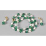 A String of Freshwater Pearls and Green Glass Beads, Having Matching Earrings