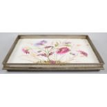 A Rectangular Hand Painted Porcelain Tray with Pierced Metal Galleried Frame, 44x26.5cms