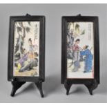 Two Framed Japanese Pictorial Porcelain Panels, Each 29x16cms Overall