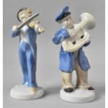 Two Continental Band Playing Figures, 14cms High