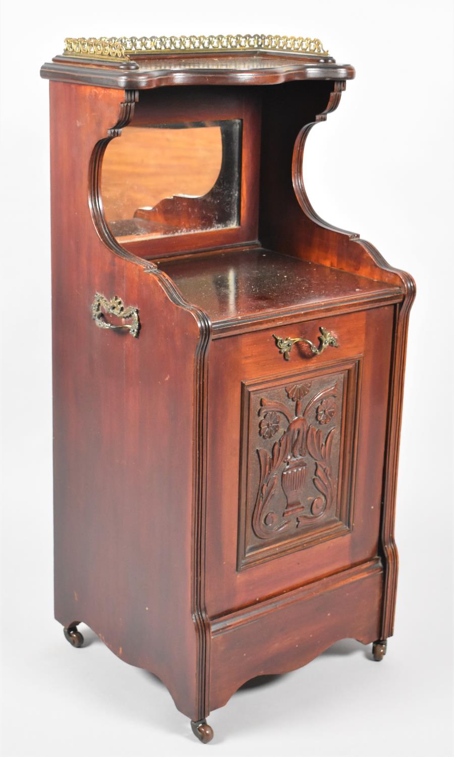 A Late Victorian Mahogany Pull Front Purdonium with Ormolu Galleried Top and Mirrored Back, Pull