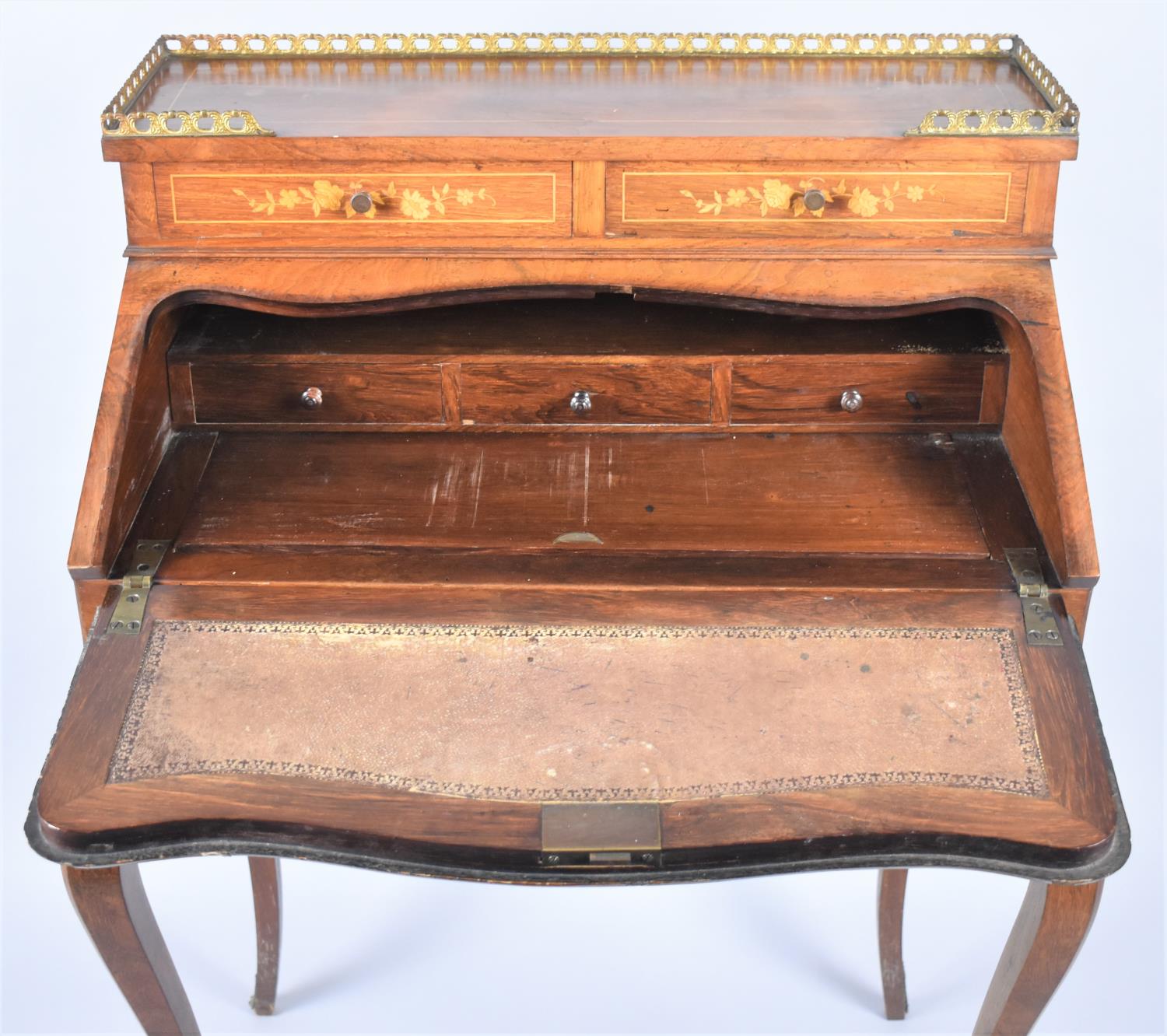 A Reproduction Ormolu Mounted French Style Inlaid Walnut Ladies Writing Bureau on Extended - Image 4 of 4