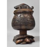 A Carved Souvenir African Wooden Lidded Bowl with Crocodile Finial, Turtle Stand and Incised