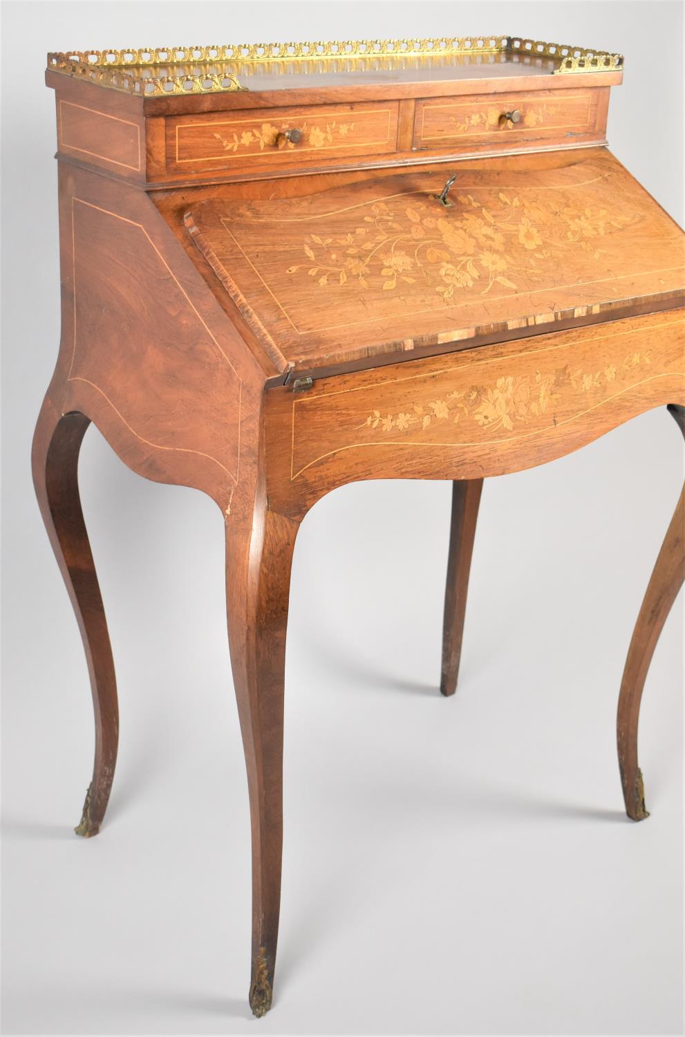 A Reproduction Ormolu Mounted French Style Inlaid Walnut Ladies Writing Bureau on Extended - Image 2 of 4