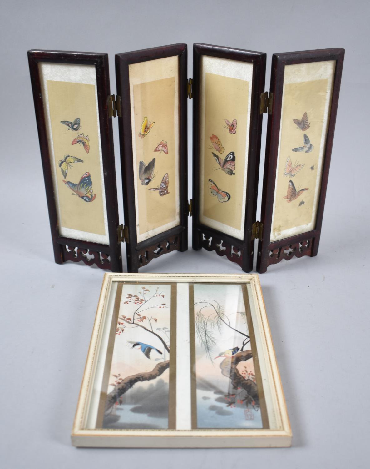 A Reproduction Oriental Four Fold Table Screen, The Painted Silk Panels Decorated with Maidens and