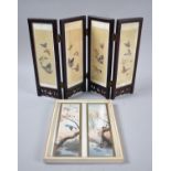 A Reproduction Oriental Four Fold Table Screen, The Painted Silk Panels Decorated with Maidens and