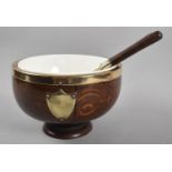 An Edwardian Silver Plated Mounted Oak Salad Bowl and Pair of Servers, Ceramic Liner to Bowl Has