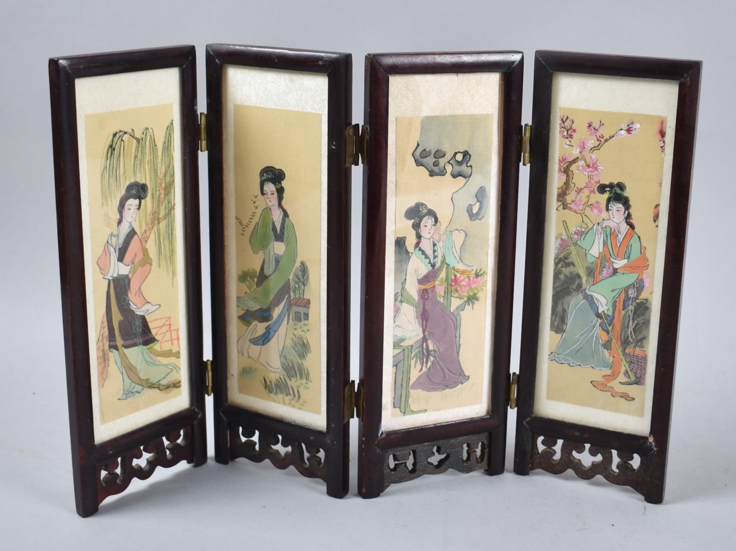 A Reproduction Oriental Four Fold Table Screen, The Painted Silk Panels Decorated with Maidens and - Image 2 of 2