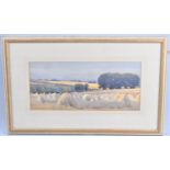 A Framed Watercolour of a Cornfield, 36x17cm