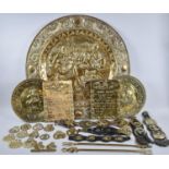 A Collection of Horse Brasses, Brass Plaques and a Large Brass Wall Hanging Charger, 72cm Diameter