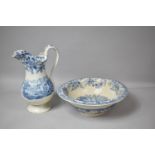 A Transfer Printed Blue and White Gamges Pattern Toilet Jug and Bowl
