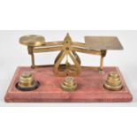 A Set of Edwardian Brass Postage Scales on Tooled Leather Plinth Base, Complete with Weights