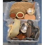 Two Boxes Containing Table Mats, Terracotta Coolers, Pestle and Mortar, Electric Stove etc