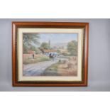 A Framed Spencer Coleman Print Depicting Corn Harvest with Figures and Heavy Horses on Lane, 50cm