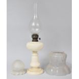 An Opalescent Moulded Glass Oil Lamp together with Two Acid Etched Shades