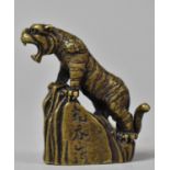 A Chinese Bronze Study of a Roaring Tiger Upon Rock, Having Three Character Mark to Front, 5cm high