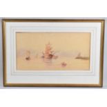 A Framed Watercolour Depicting Sailing Ships and Steamships in River, 41x21cm