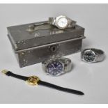 A Metal Cash Tin Containing Four Vintage and Later Wrist Watches