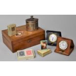 A Mahogany Box Containing Early/Mid 20th Century Travelling Alarm Clocks, Playing Cards, Silver