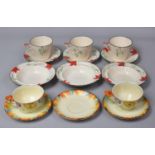 A Set of Art Deco Breakfastwares to Comprise Three Cups and Saucers and Three Bowls together with