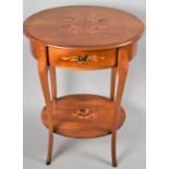 A Modern Italian Inlaid Oval Occasional Table with Single Drawer and Inlaid Stretcher Shelf Under,