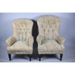 A Pair of Gents and Ladies Tapestry Buttoned Upholstered Balloon Back Armchairs